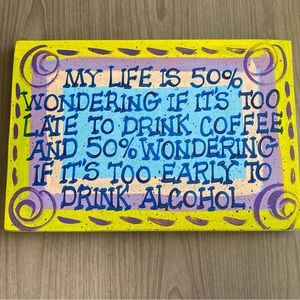 Hand Painted Wooden Yellow Blue Purple Alcohol Coffee Hanging Sign